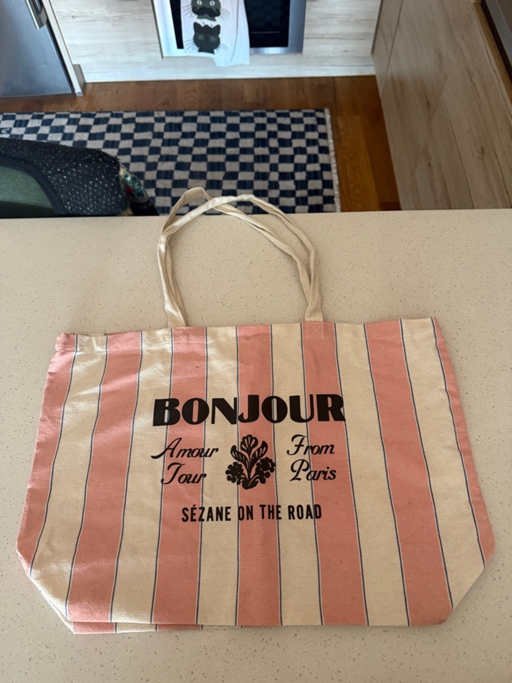 Sezane On The Road Bonjour Striped Tote Bag in Pink & Cream